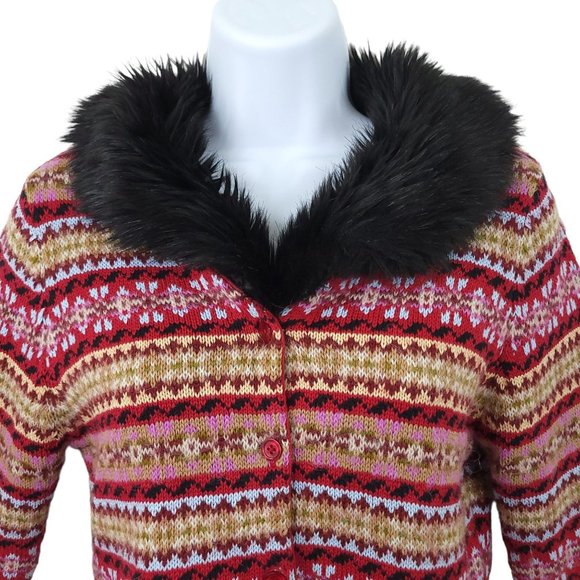Vintage Harolds Nordic Cardigan Sweater Womens Size S Faux Fur Attached Collar - Picture 4 of 14
